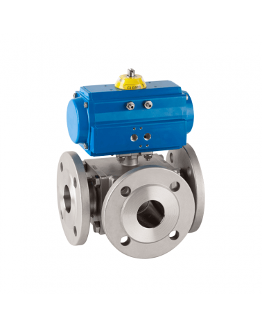 Flanged 3-way ball valve "L" with single-acting pneumatic actuator