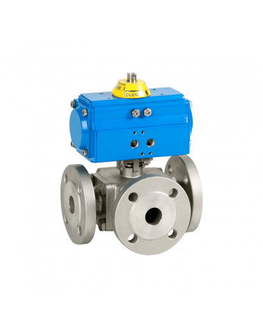 Flanged 3-way ball valve "T" with single-acting pneumatic actuator