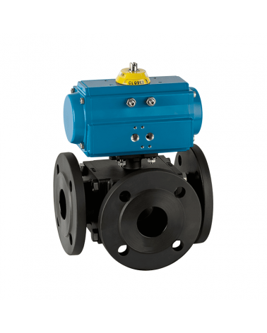 3-way flanged ball valve "T" with single-acting pneumatic actuator