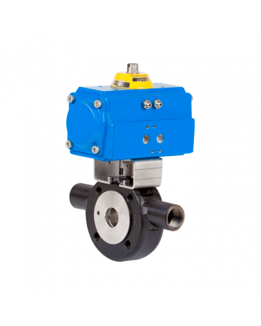 1-piece Wafer-type ball valve with heating chamber and single-acting pneumatic actuator