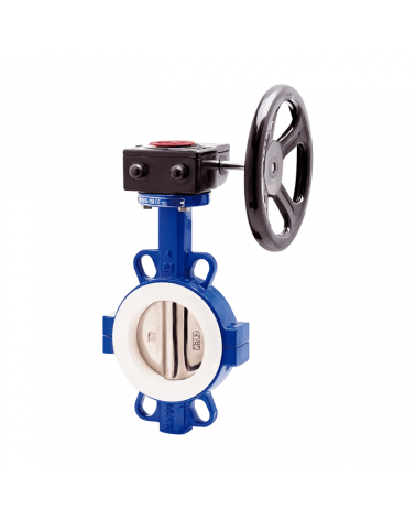 Wafer type butterfly valve with manual gearbox and flanged mounting − two-part nodular cast iron body