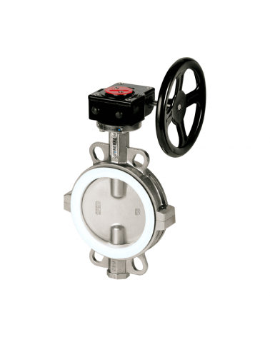 Wafer type butterfly valve with manual gearbox and flanged mounting − split body in stainless steel