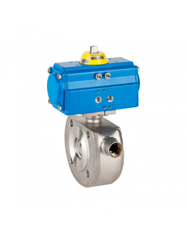 1 piece Wafer-type ball valve with heating chamber and single-acting pneumatic actuator